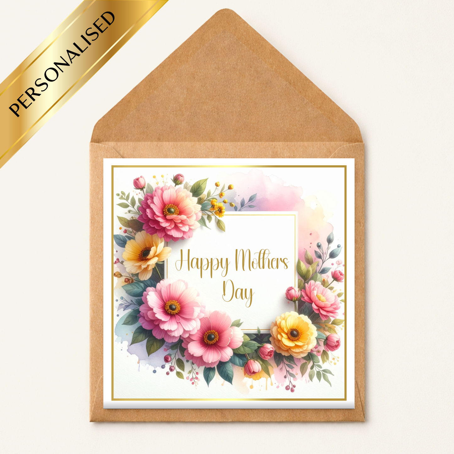 Personalised Mothers Day Card | Floral Happy Mothers Day Card | Custom Name Mum Card | Elegant Pink & Yellow Flower Card
