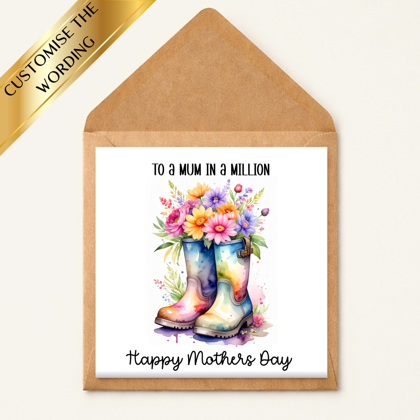 Mother’s Day Card for Mum, To a Mum in a Million Card, Floral Wellies Card, Happy Mothers Day Card, Cute Mum Birthday Style Card