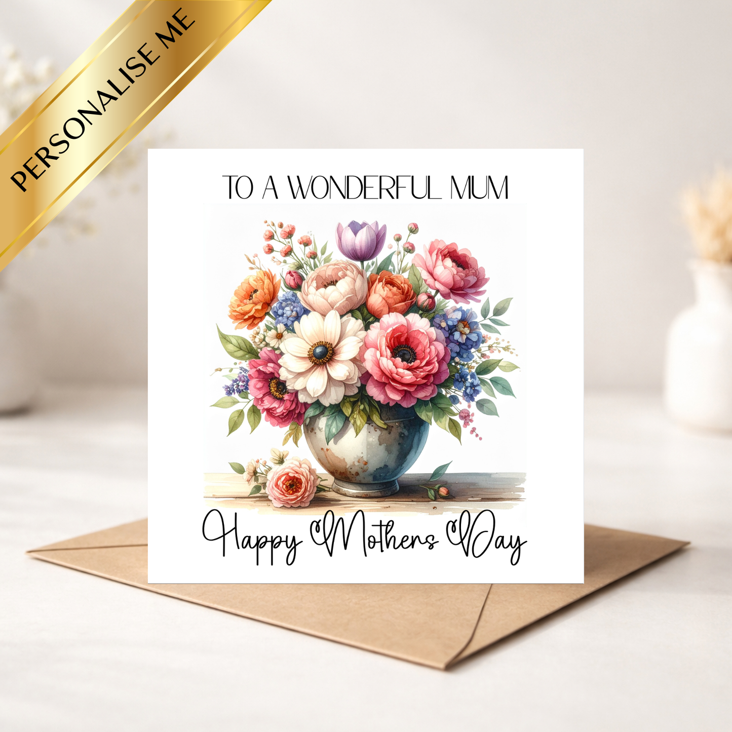 Personalised Mother’s Day Card for Mum – Floral Bouquet Mothers Day Card – Custom Mum Card – Happy Mothers Day Card from Son Daughter – Pretty Flower Card