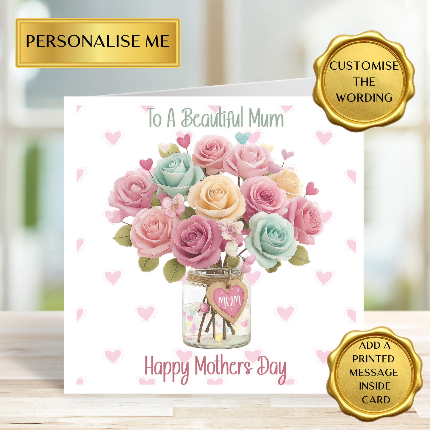 Personalised Mother’s Day Card for Mum | Floral Bouquet Mum Card | Custom Wording Mothers Day Card | From Daughter Son