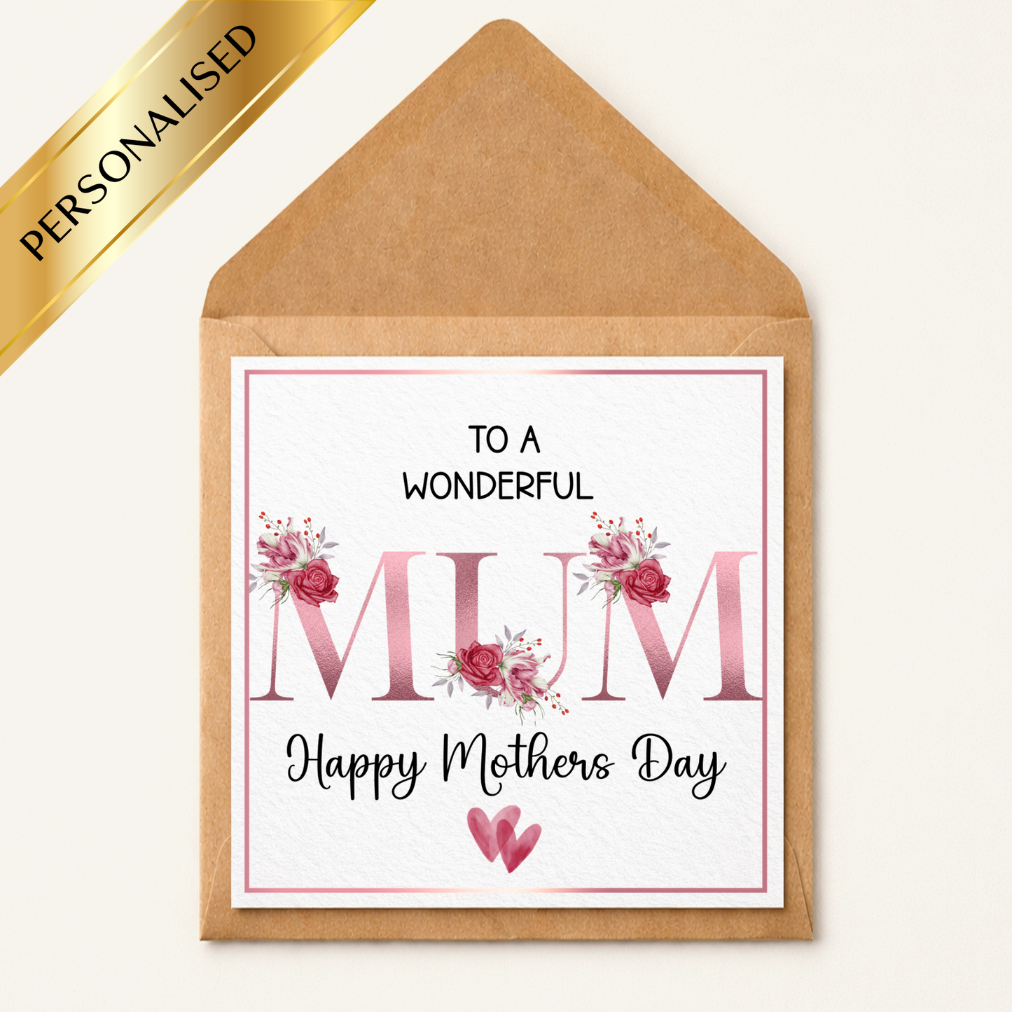 Personalised Mothers Day Card, To A Wonderful Mum Card, Custom Name Mothers Day Card, Floral Pink Mum Card, Happy Mothers Day Card UK