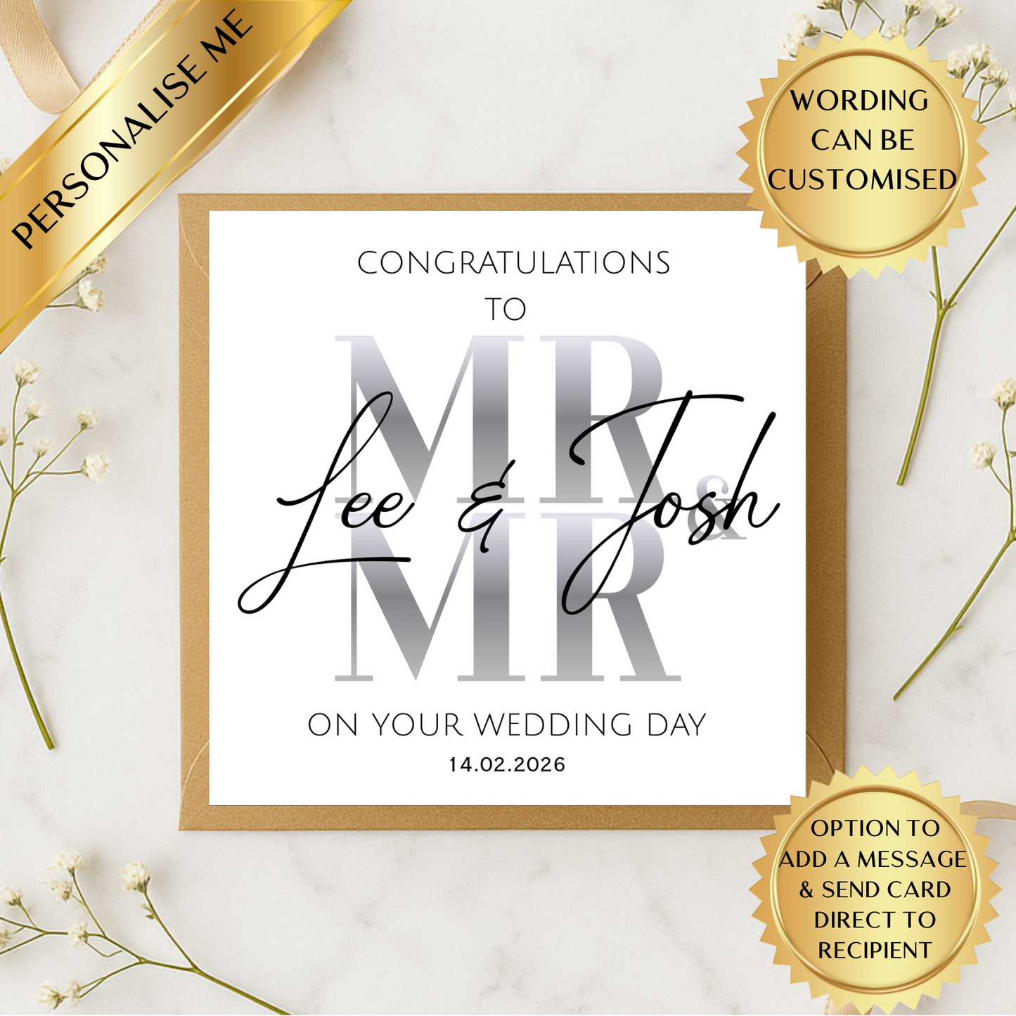 Personalised Mr & Mr Wedding Card | Custom Wedding Day Card | Newlywed Congratulations Card | Elegant Wedding Card