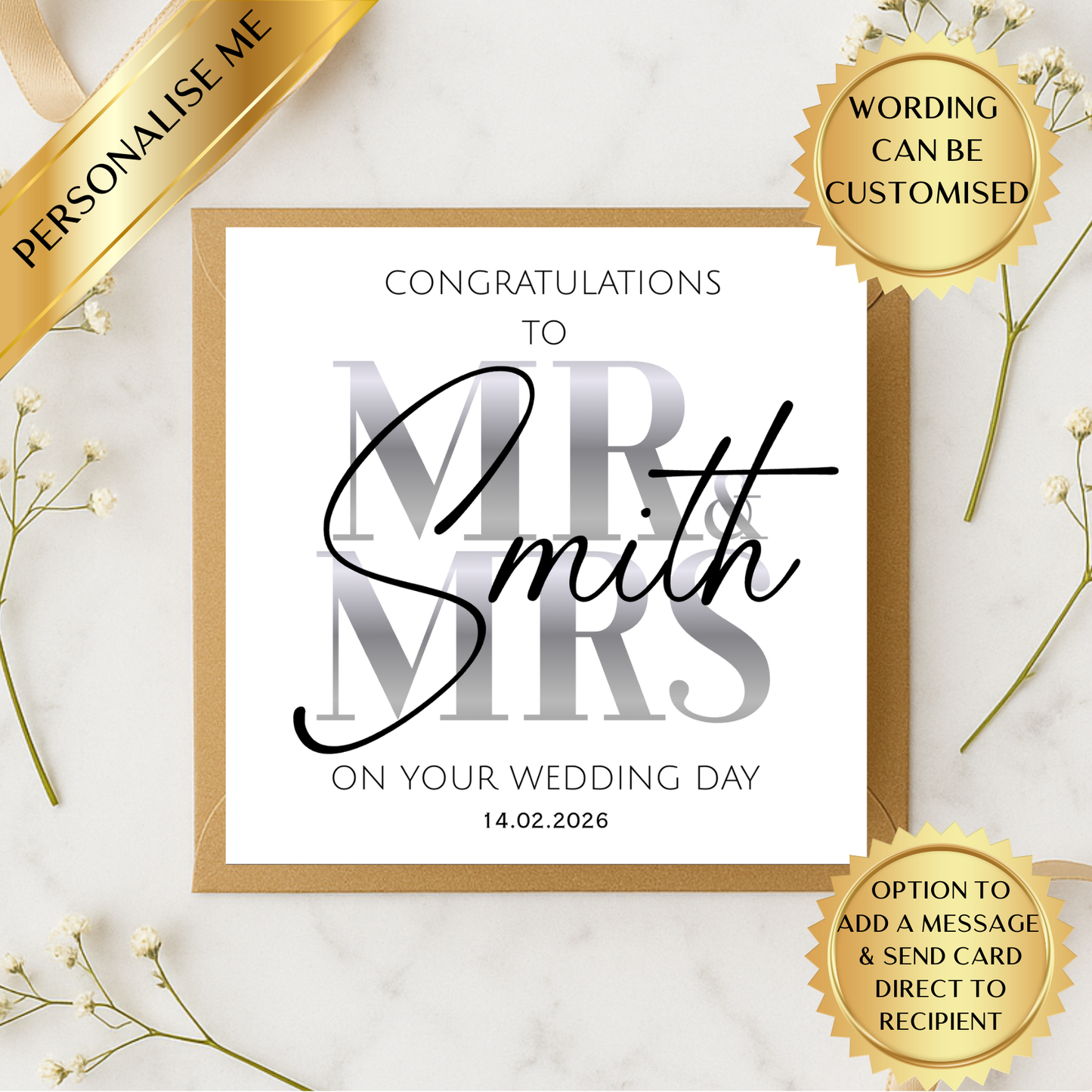 Personalised Mr & Mrs Wedding Card | Custom Wedding Day Card | Newlywed Congratulations Card | Elegant Wedding Card