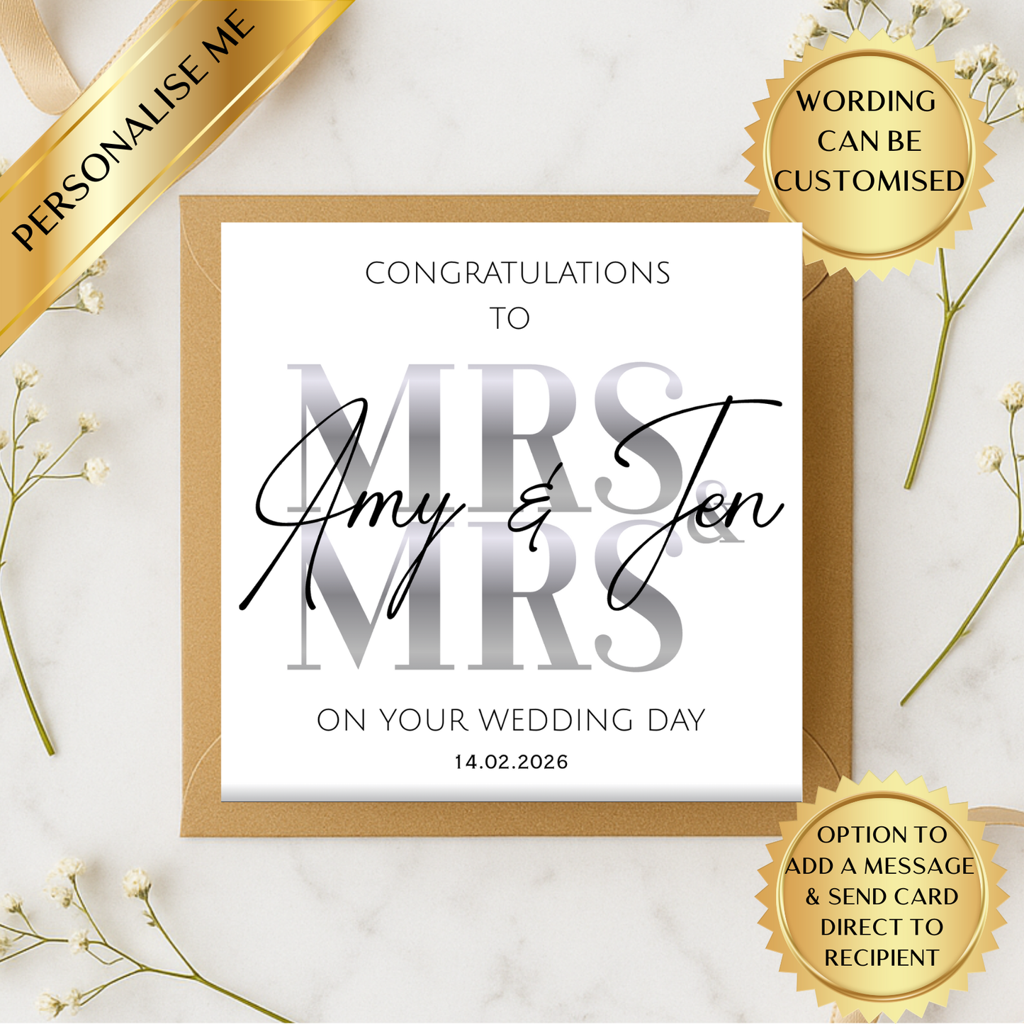 Personalised Mrs & Mrs Wedding Card | Custom Wedding Day Card | Newlywed Congratulations Card | Elegant Wedding Card