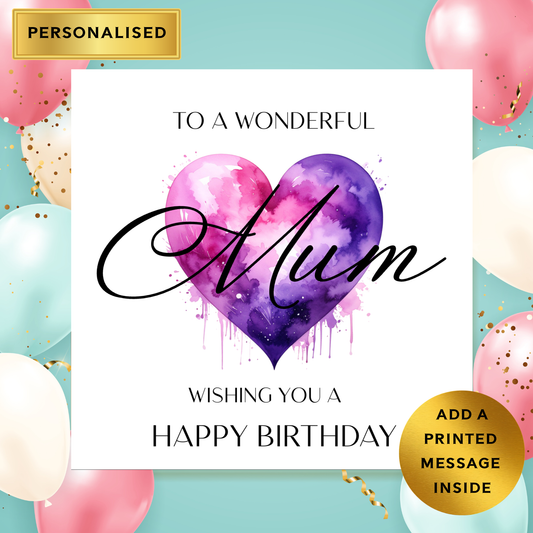 Personalised Mum Birthday Card | Watercolour Heart Birthday Card for Mum | Custom Name Birthday Card | Mum Birthday Card