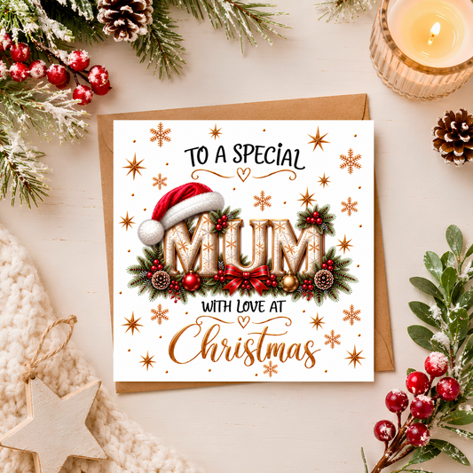 Mum Christmas Card, Special Mum Xmas Card, Christmas Card for Mum, With Love at Christmas, Beautiful Festive Card for Mum