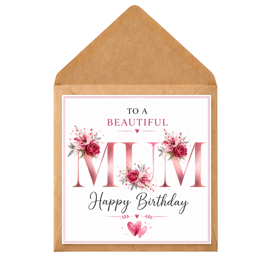 Beautiful Mum Birthday Card – Happy Birthday Mum Card – Floral Mum Card – Birthday Card for Mum – Pretty Pink Mum Birthday Card – Mum Greeting Card