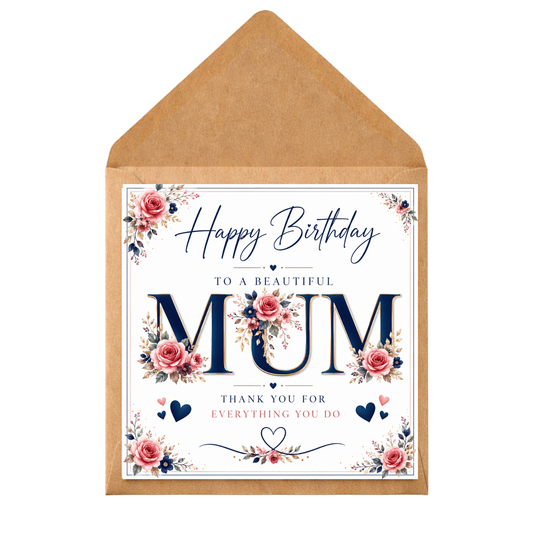 Personalised Blue Floral Birthday Card for Mum: Handmade Keepsake