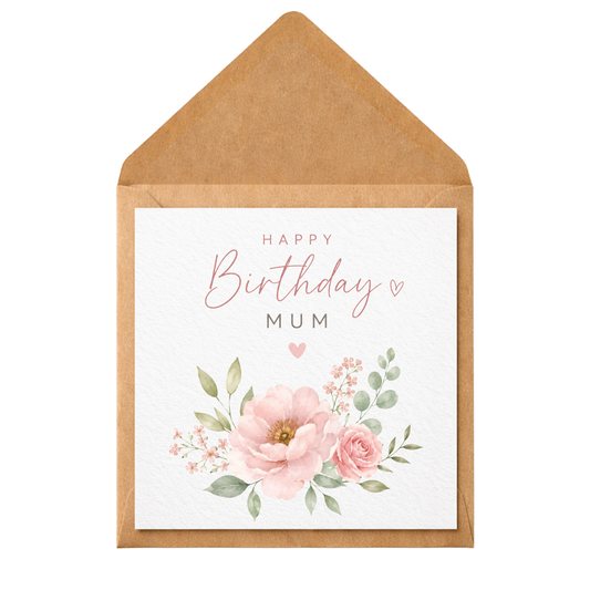 Mum Birthday Card | Floral Watercolour Birthday Card for Mum | Elegant Pink Flower Greeting Card | Luxury Birthday Card for Her