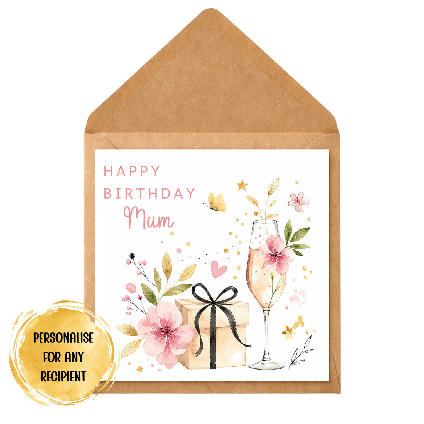 Luxury Mum Birthday Card | Watercolour Champagne & Gift Illustration | Elegant Floral Birthday Card for Mum | Personalised Birthday Card
