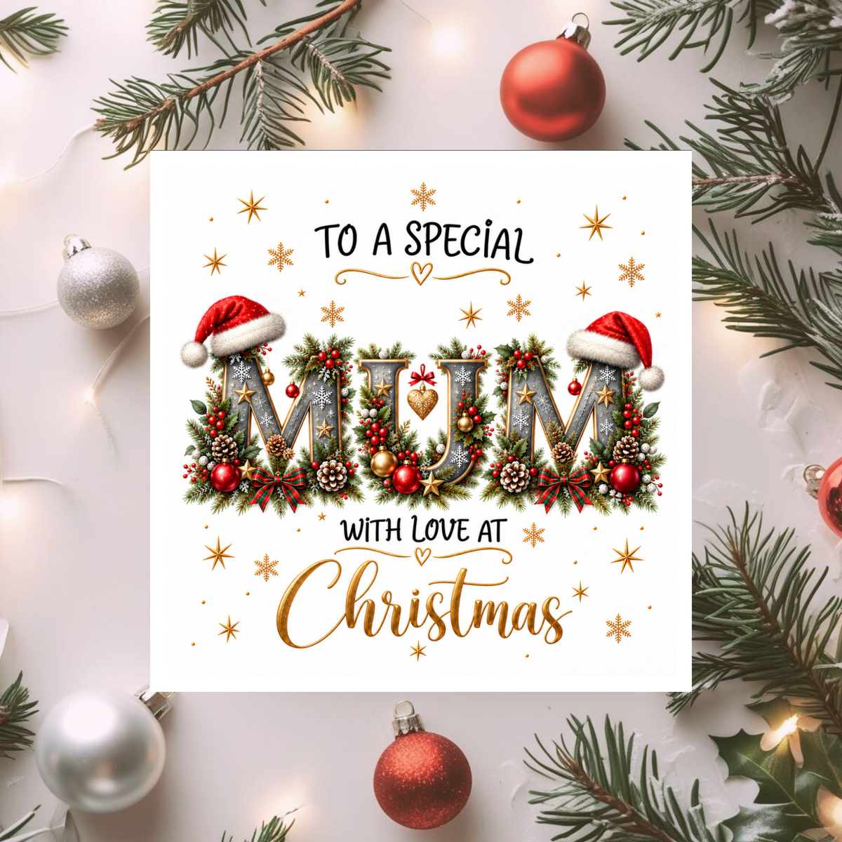 Mum Christmas Card, Special Mum Xmas Card, Christmas Card for Mum, With Love at Christmas, Traditional Festive Greeting Card