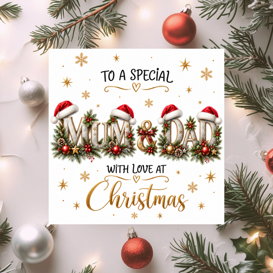 Mum and Dad Christmas Card, Parents Xmas Card, Special Mum & Dad Card, With Love at Christmas, Traditional Festive Greeting Card