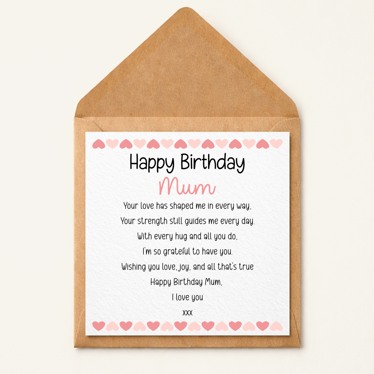 Happy Birthday Mum Card – Heart Border Design – Sentimental Birthday Card for Mum – Cute Pink Hearts Greeting Card