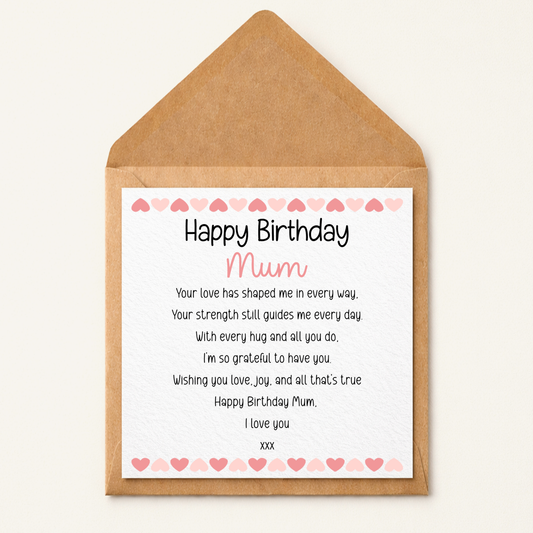 Happy Birthday Mum Card – Heart Border Design – Sentimental Birthday Card for Mum – Cute Pink Hearts Greeting Card