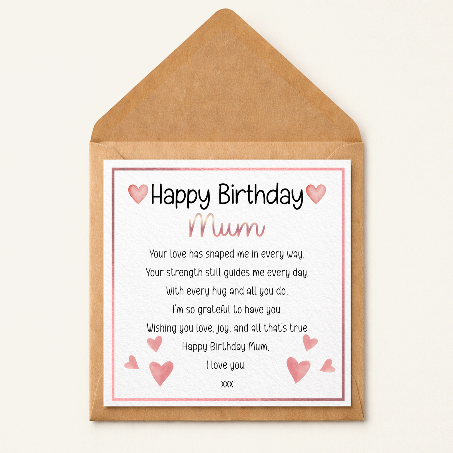 Happy Birthday Mum Card – Heart Border Design – Sentimental Birthday Card for Mum – Cute Pink Hearts Greeting Card