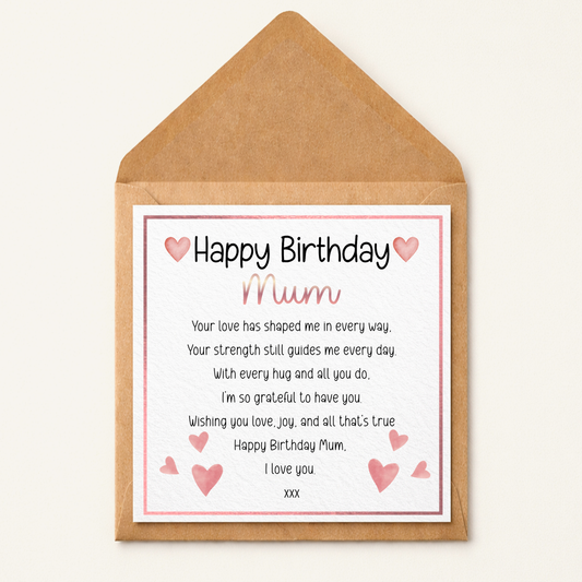 Happy Birthday Mum Card – Heart Border Design – Sentimental Birthday Card for Mum – Cute Pink Hearts Greeting Card