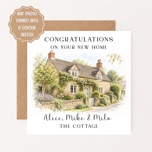 Personalised New Home Card, Custom House Portrait from Photo, Colour Sketch Moving House Card, First Home Gift, New Homeowner Keepsake
