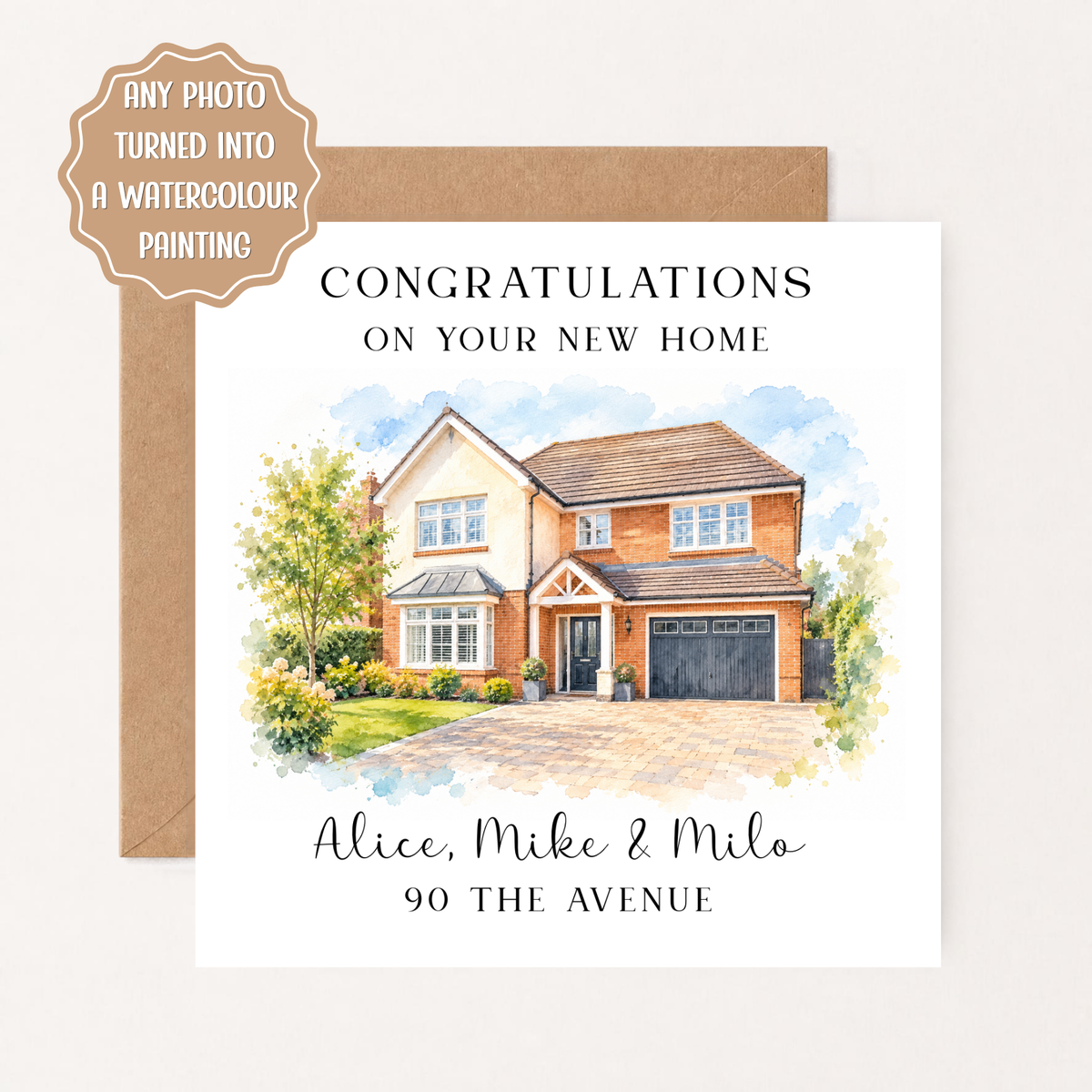 Personalised New Home Card, Watercolour House Portrait from Photo, Custom Housewarming Card, First Home Gift, Moving House Card