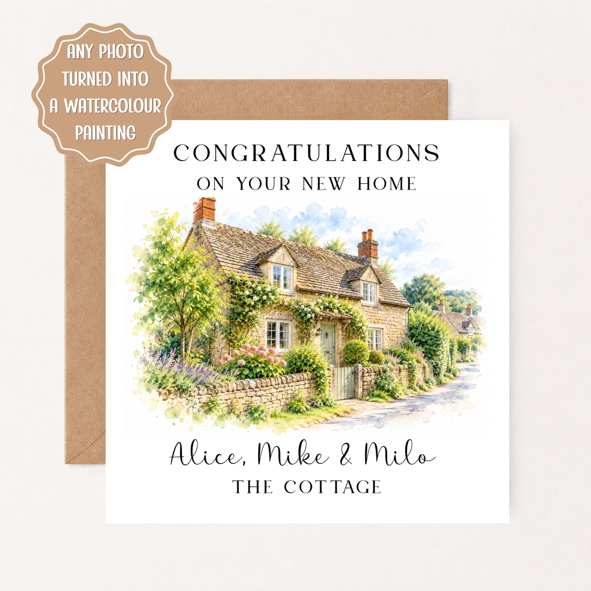 Personalised New Home Card, Watercolour House Portrait from Photo, Custom Housewarming Card, First Home Gift, Moving House Card