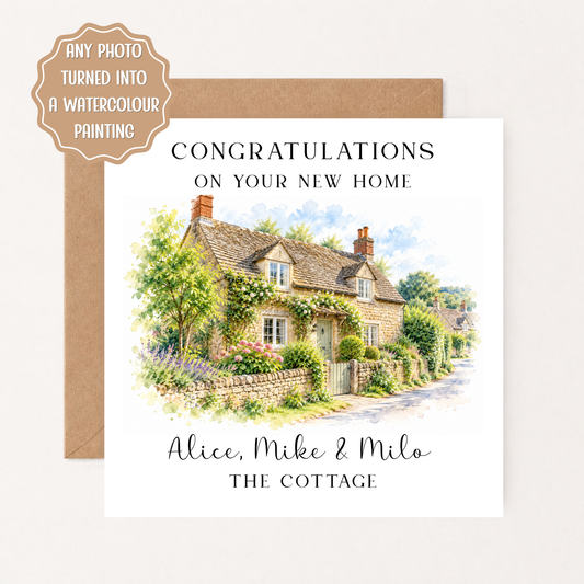 Personalised New Home Card, Watercolour House Portrait from Photo, Custom Housewarming Card, First Home Gift, Moving House Card