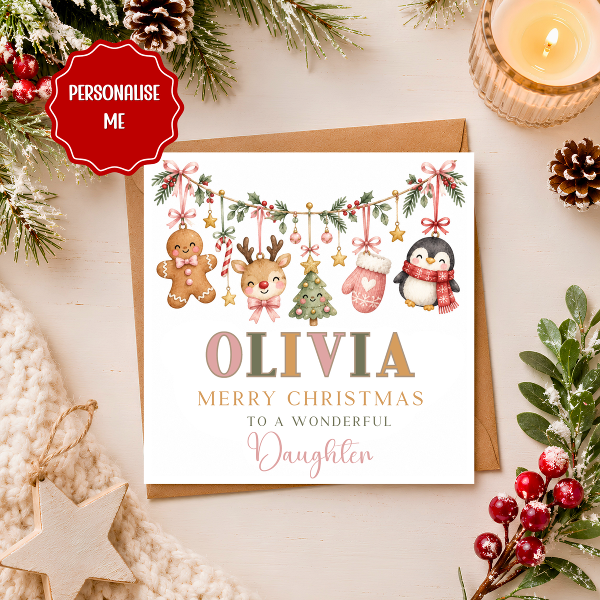 Personalised Christmas Card, Custom Name Xmas Card for Daughter, Cute Girls Christmas Card, Personalised Festive Card Daughter Granddaughter