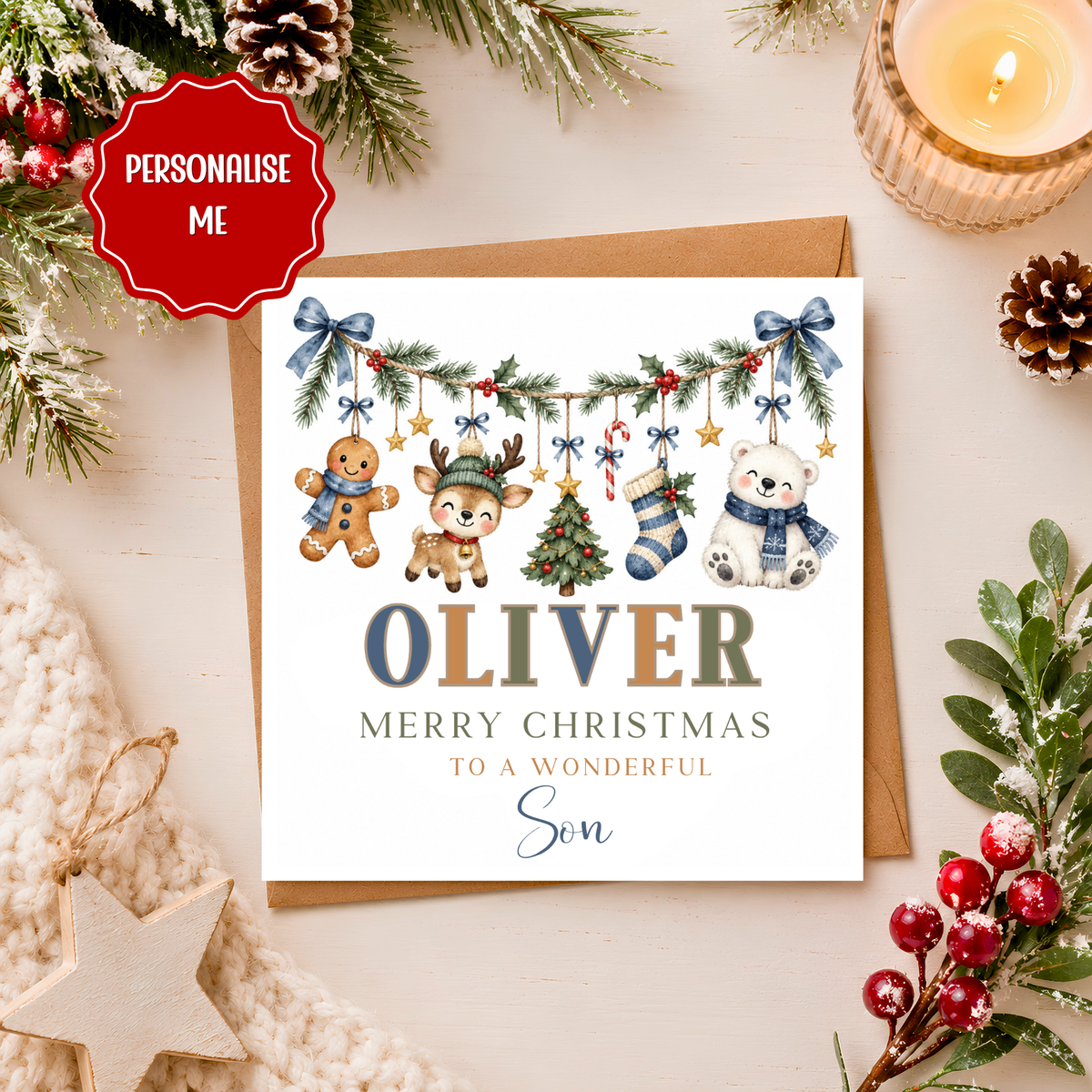 Personalised Christmas Card for Son, Daughter, Grandson, Granddaughter, Kids Xmas Card, Custom Name Christmas Card, Cute Festive Card