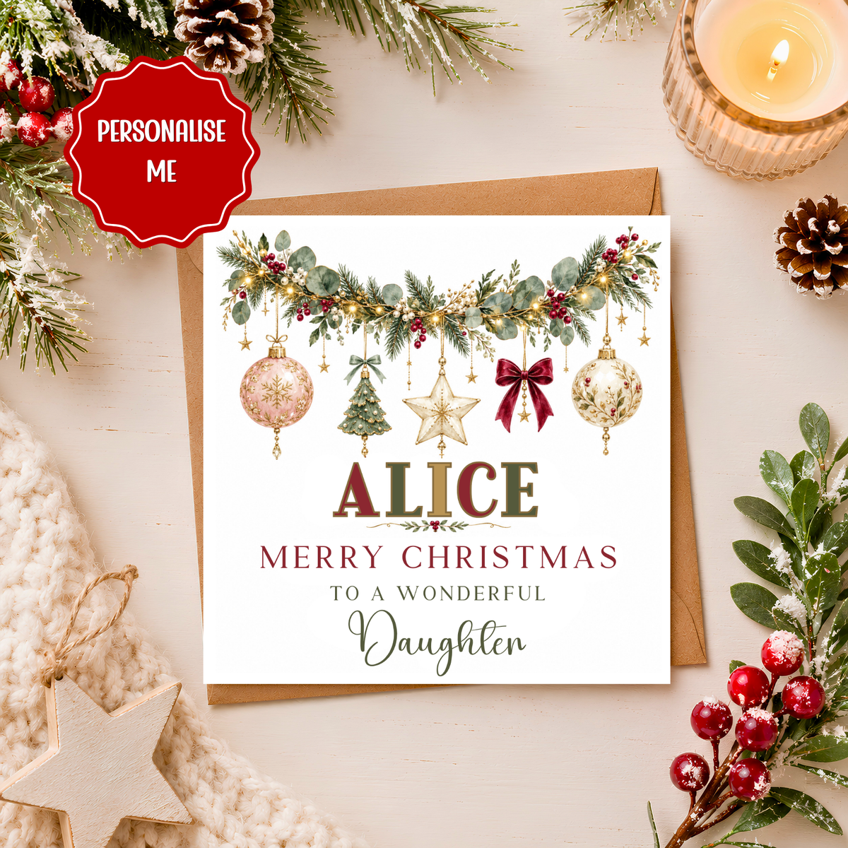 Personalised Christmas Card, Custom Name Card for Daughter, Elegant Xmas Card, Christmas Card for Daughter, Personalised Xmas any relative
