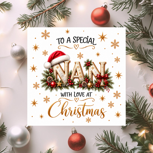 Nan Christmas Card, Special Nan Xmas Card, Christmas Card for Grandma, With Love at Christmas, Festive Card for Nan