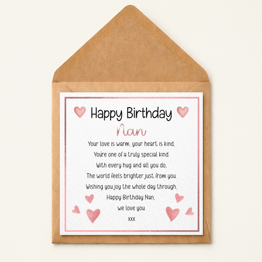 Personalised Nan Birthday Card, Happy Birthday Nan Card, Grandma Birthday Card, Nan Poem Card, Special Nan Gift, Cute Heart Card