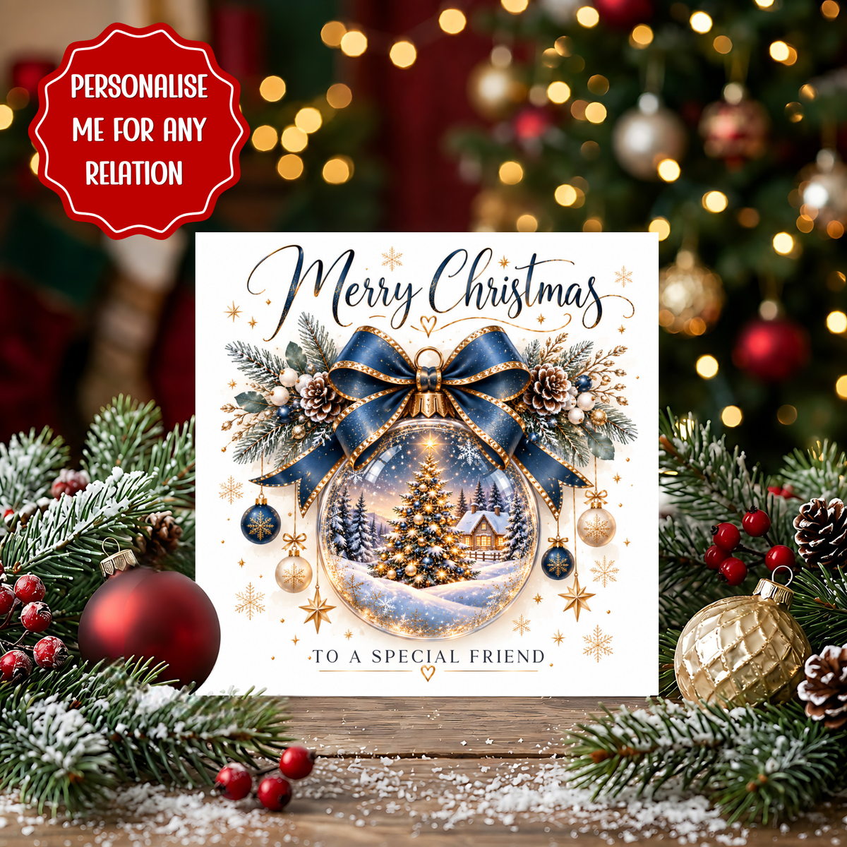 Personalised Christmas Card, Special Friend Christmas Card, Navy Blue Gold Xmas Card, Any Recipient Card, Custom Christmas Card