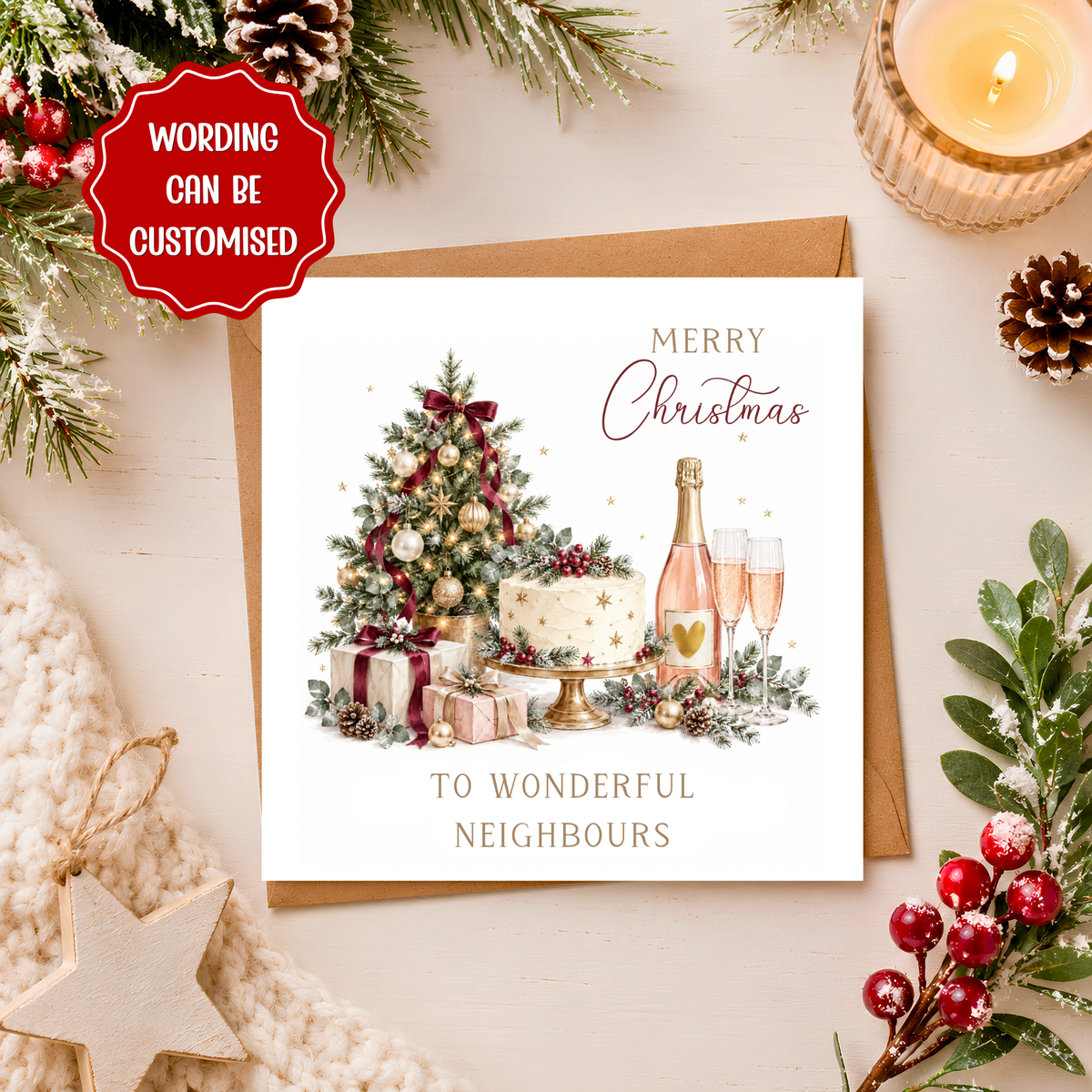 Personalised Christmas Card for Neighbours, Elegant Champagne & Christmas Tree Xmas Card, Custom Wording, Festive Card for Friends