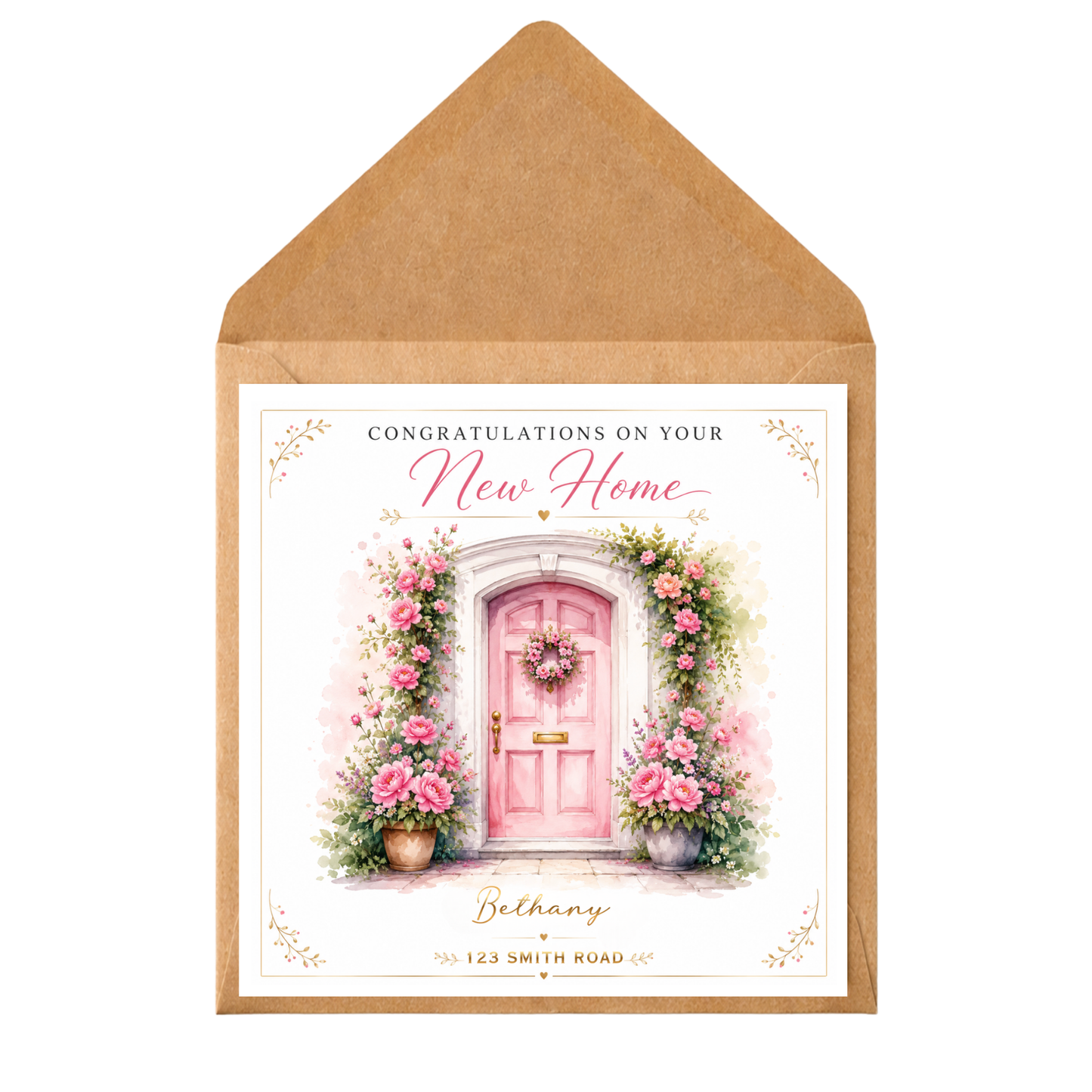 Personalised New Home Card – Custom Housewarming Card – Congratulations on Your New Home – Pink Door Floral Design – New House Card