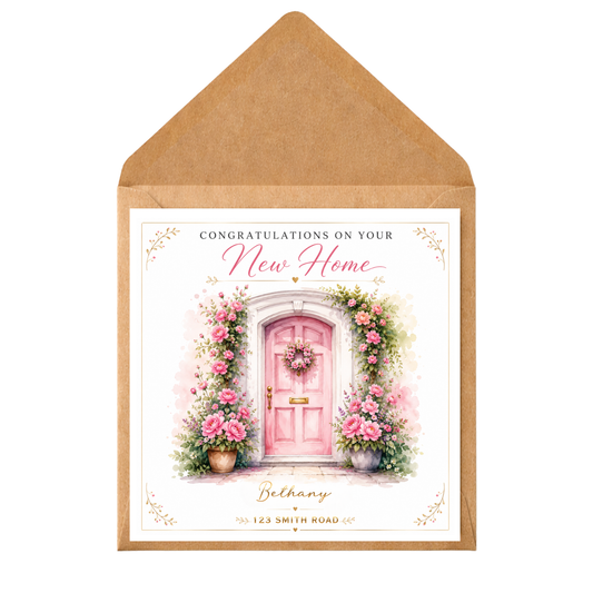 Personalised New Home Card – Custom Housewarming Card – Congratulations on Your New Home – Pink Door Floral Design – New House Card