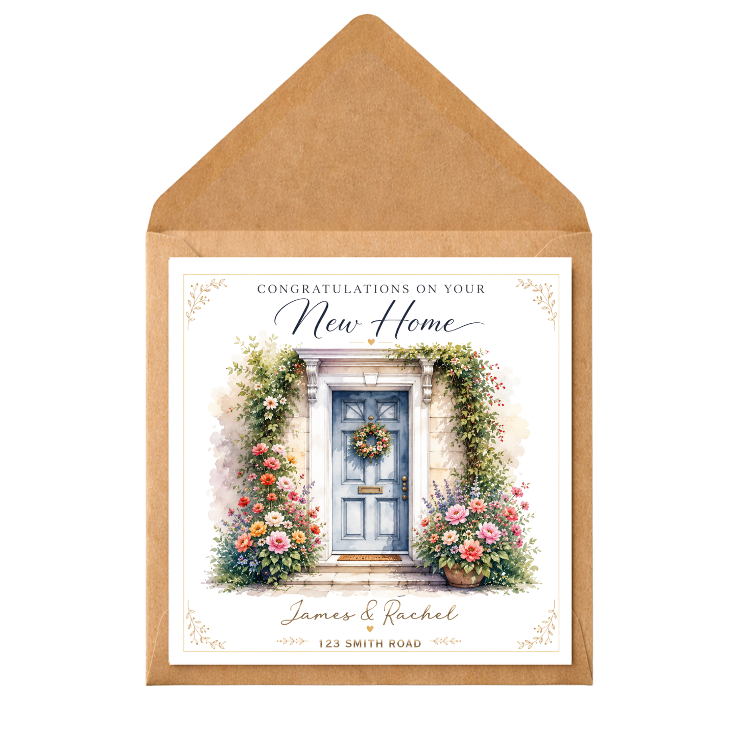 Personalised New Home Card – Custom Housewarming Card – Congratulations on Your New Home – Blue Door Floral Design – New House Card