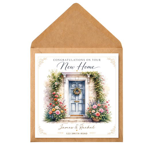 Personalised New Home Card – Custom Housewarming Card – Congratulations on Your New Home – Blue Door Floral Design – New House Card