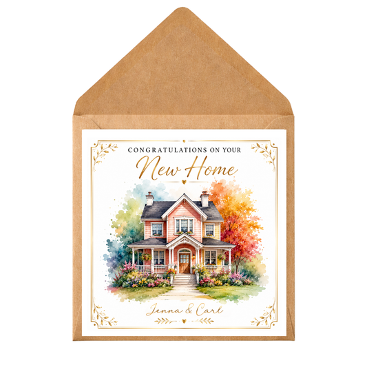 Personalised New Home Card – Custom Name Housewarming Card, Congratulations on Your New Home, Watercolour House Design