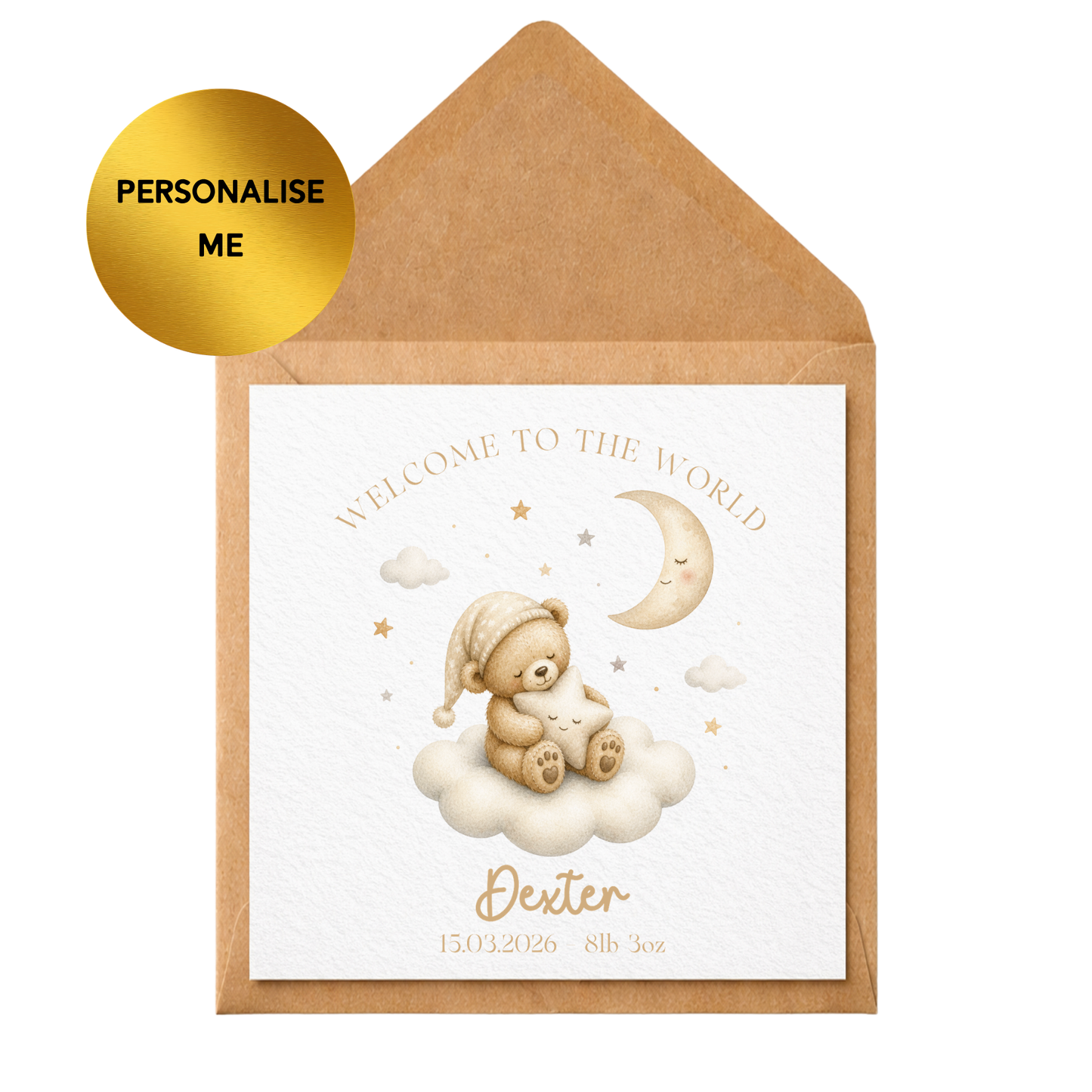 Personalised New Baby Card | Cute Teddy Bear Baby Boy/Girl Card | Custom Name & Birth Details | Luxury Neutral Newborn Greeting Card