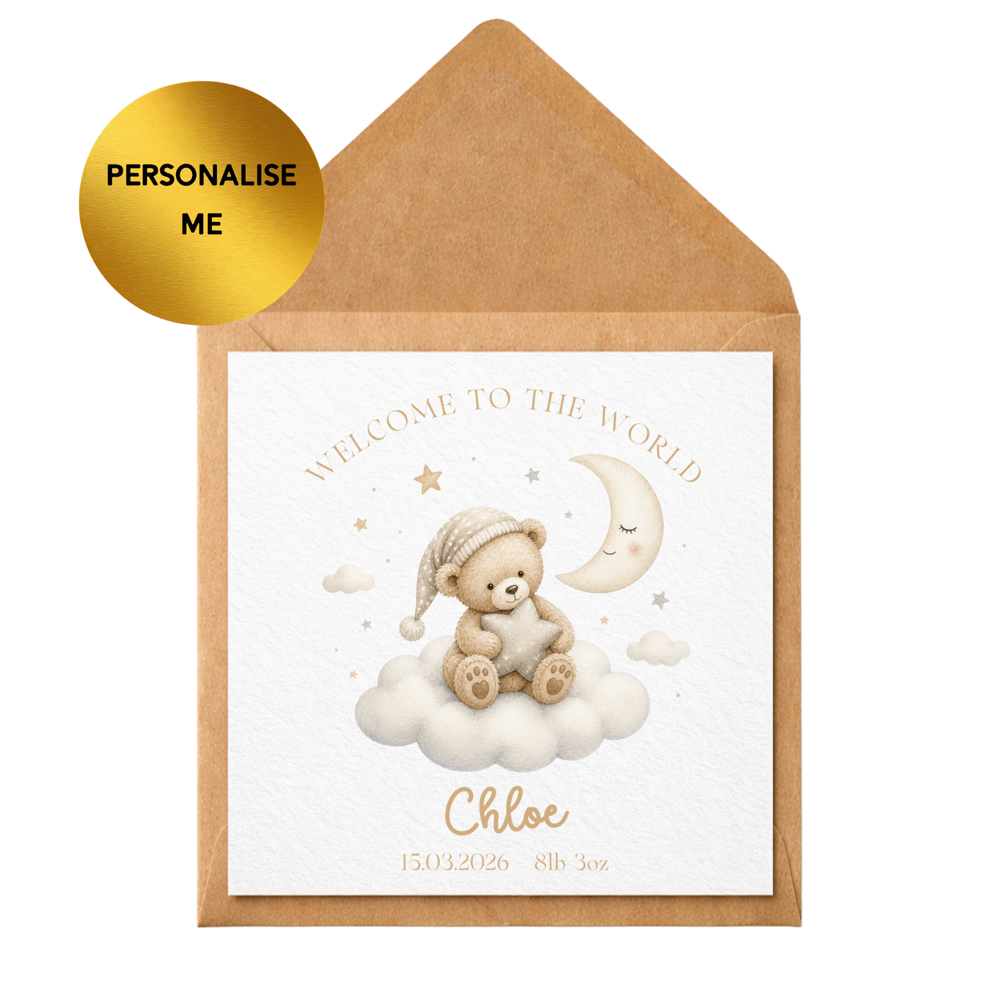 Personalised New Baby Card | Cute Teddy Bear Baby Boy/Girl Card Style 2 | Custom Name & Birth Details | Luxury Neutral Newborn Greeting Card