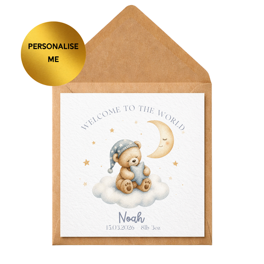 Personalised New Baby Boy Card | Teddy Bear Moon Stars Keepsake
