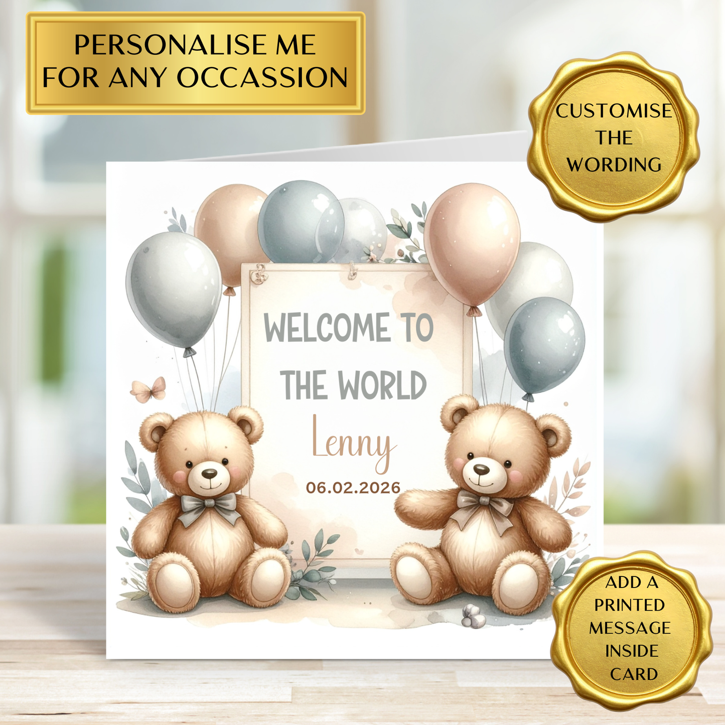Personalised New Baby Card | Welcome Baby Card | Teddy Bear Baby Card | Neutral Baby Shower Card | Newborn Congratulations