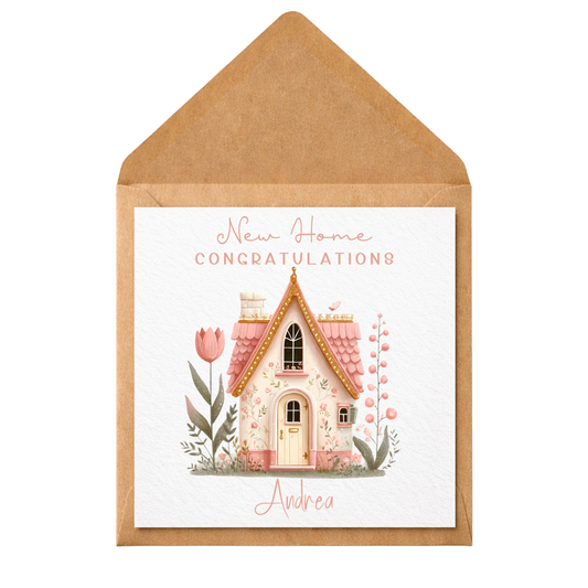 Cute Pink House Congratulations Card, Housewarming Greeting Card, New House Gift