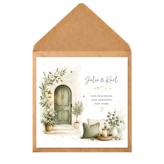 Personalised New Home Card for Couple | Watercolour Front Door Housewarming Card | New Home Congratulations Card | Custom Names Moving House Card