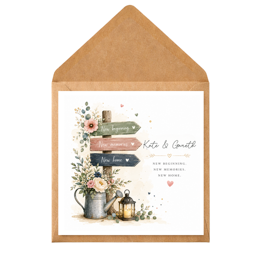 New Home Card for Couple | Personalised New Home Greeting Card | Housewarming Card | New Beginnings New Memories New Home | Rustic Floral Card