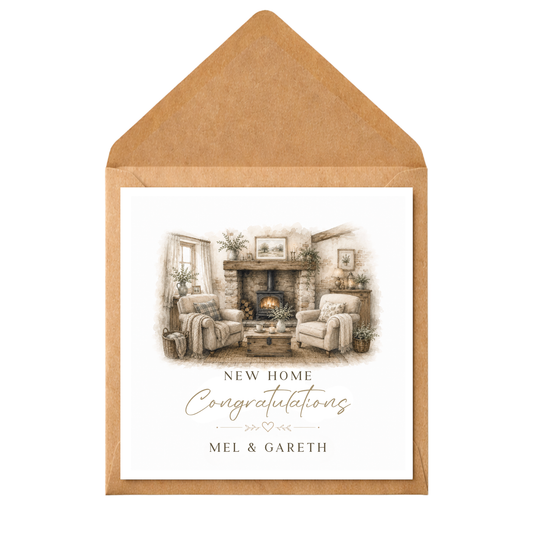 Personalised New Home Card | Congratulations On Your New Home Card | Housewarming Card | Custom Couple Names | Rustic Watercolour