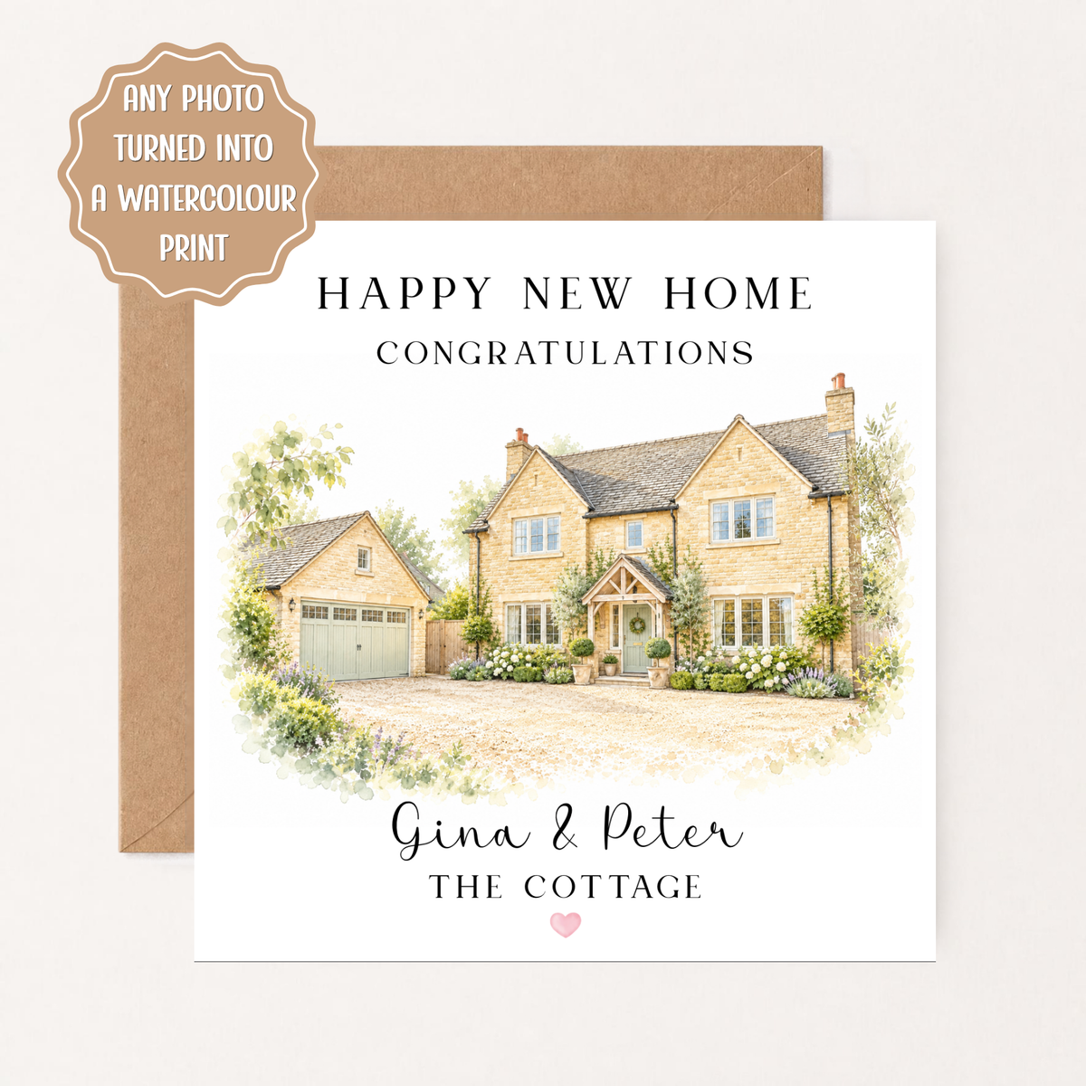 Personalised New Home Card, Watercolour House Portrait from Photo, Custom Housewarming Gift, New Home Congratulations