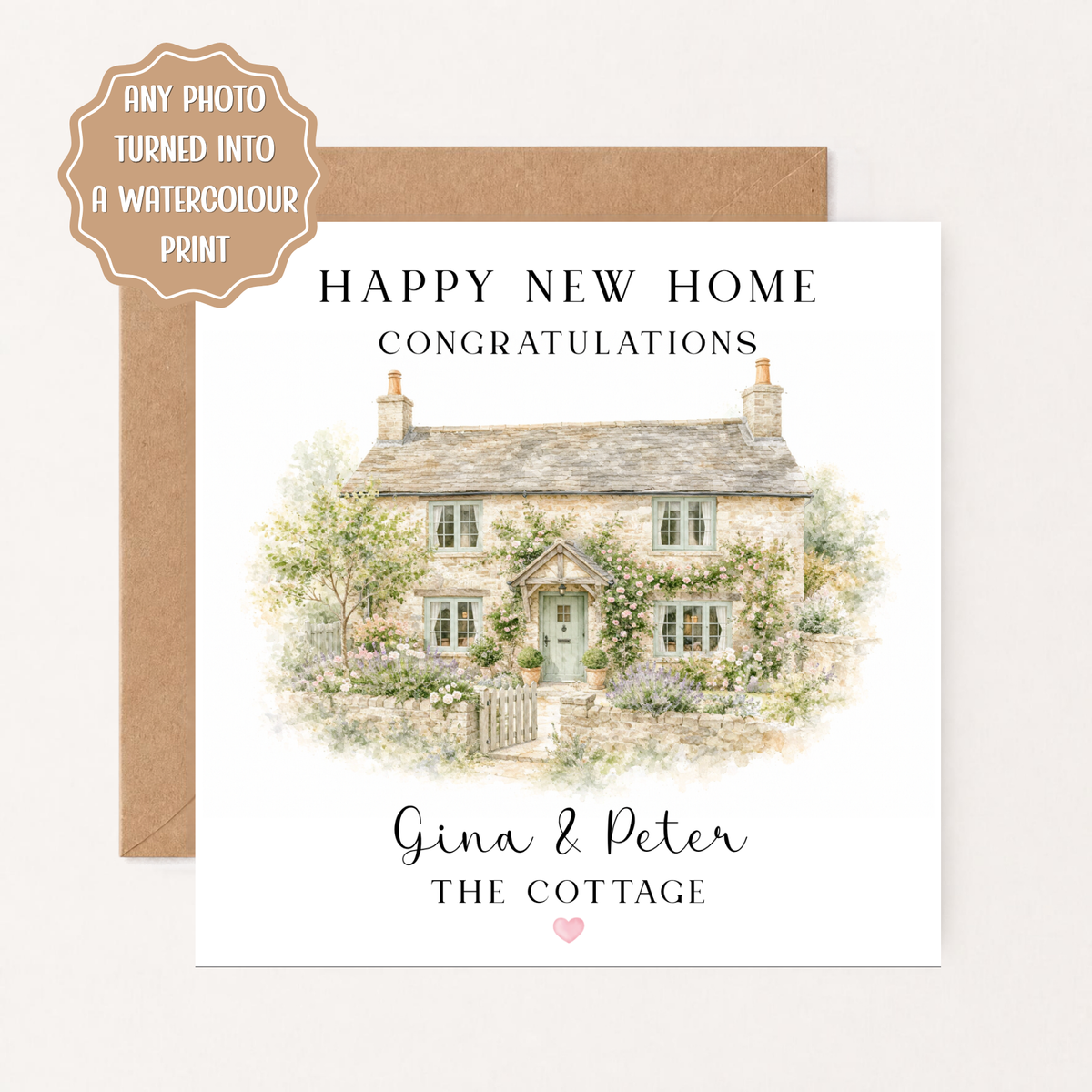 Personalised New Home Card, Watercolour House Portrait from Photo, Custom Housewarming Gift, New Home Congratulations