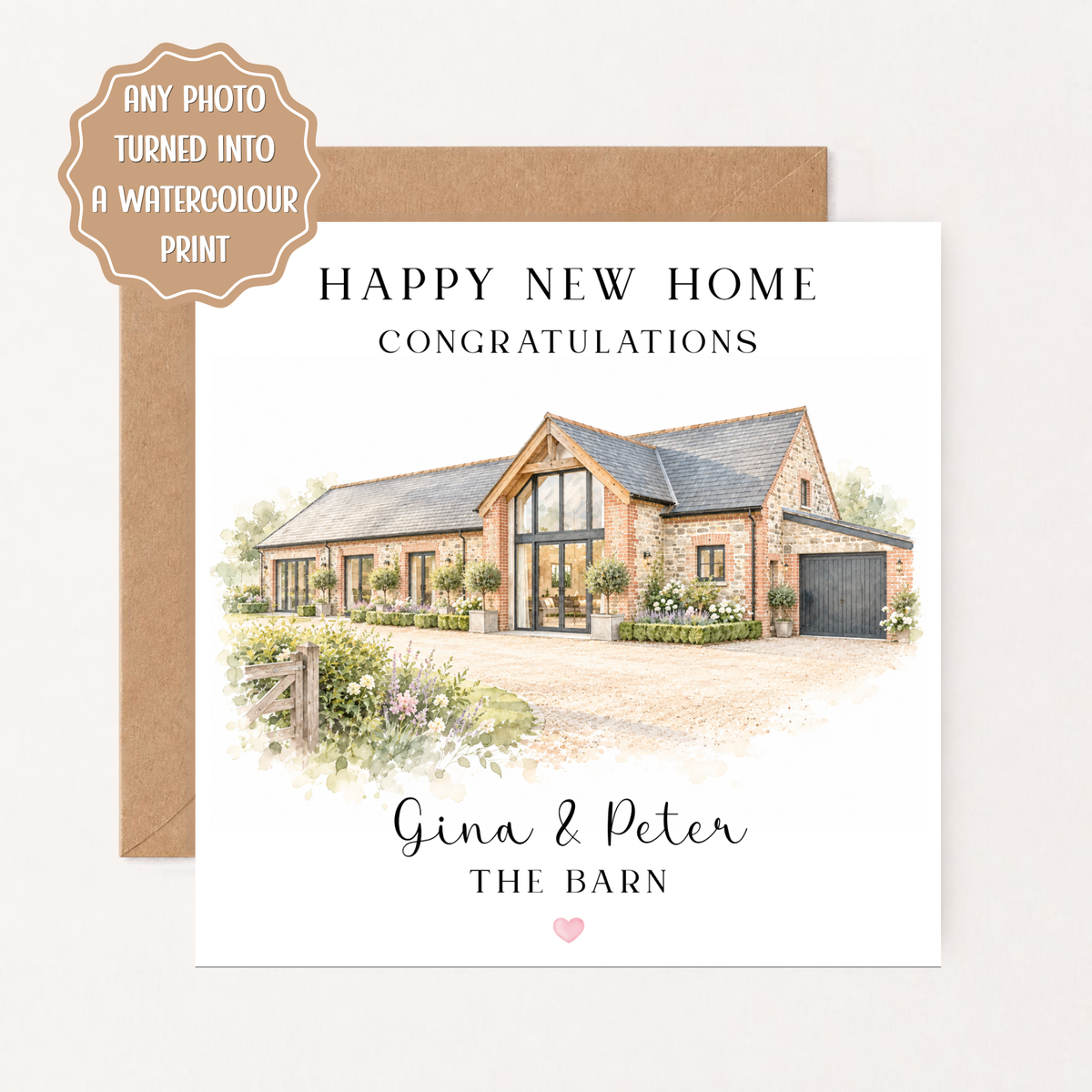 Personalised New Home Card, Watercolour House Portrait from Photo, Custom Housewarming Gift, New Home Congratulations