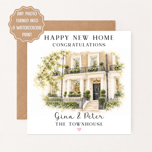 Personalised New Home Card, Watercolour House Portrait from Photo, Custom Housewarming Gift, New Home Congratulations