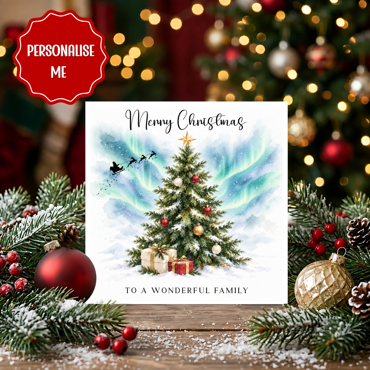 Personalised Family Christmas Card, Wonderful Family Xmas Card, Northern Lights Christmas Tree Card, Custom Family Christmas Card