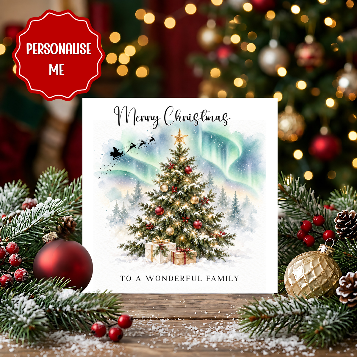 Personalised Family Christmas Card, Wonderful Family Xmas Card, Northern Lights Christmas Tree Card, Custom Family Christmas Card